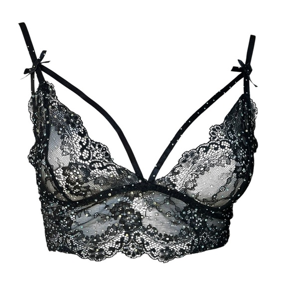 Leg Avenue Black Sheer Bra Medium Lacy Sexy Triangle Rhinestone Bling - Picture 1 of 8